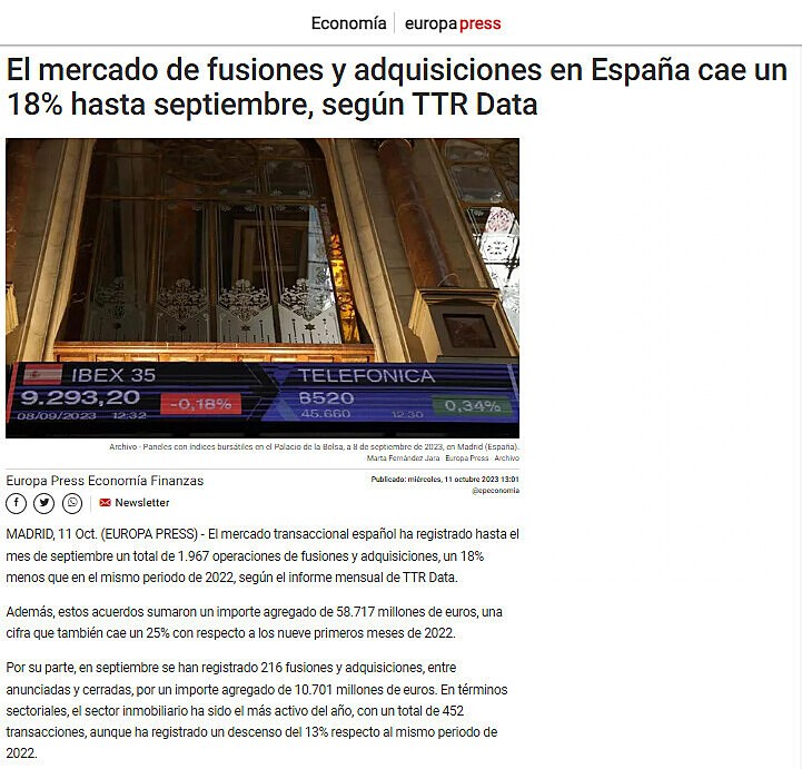 El mercado de fusiones y adquisiciones en Espaa cae un 18% hasta septiembre, segn TTR Data